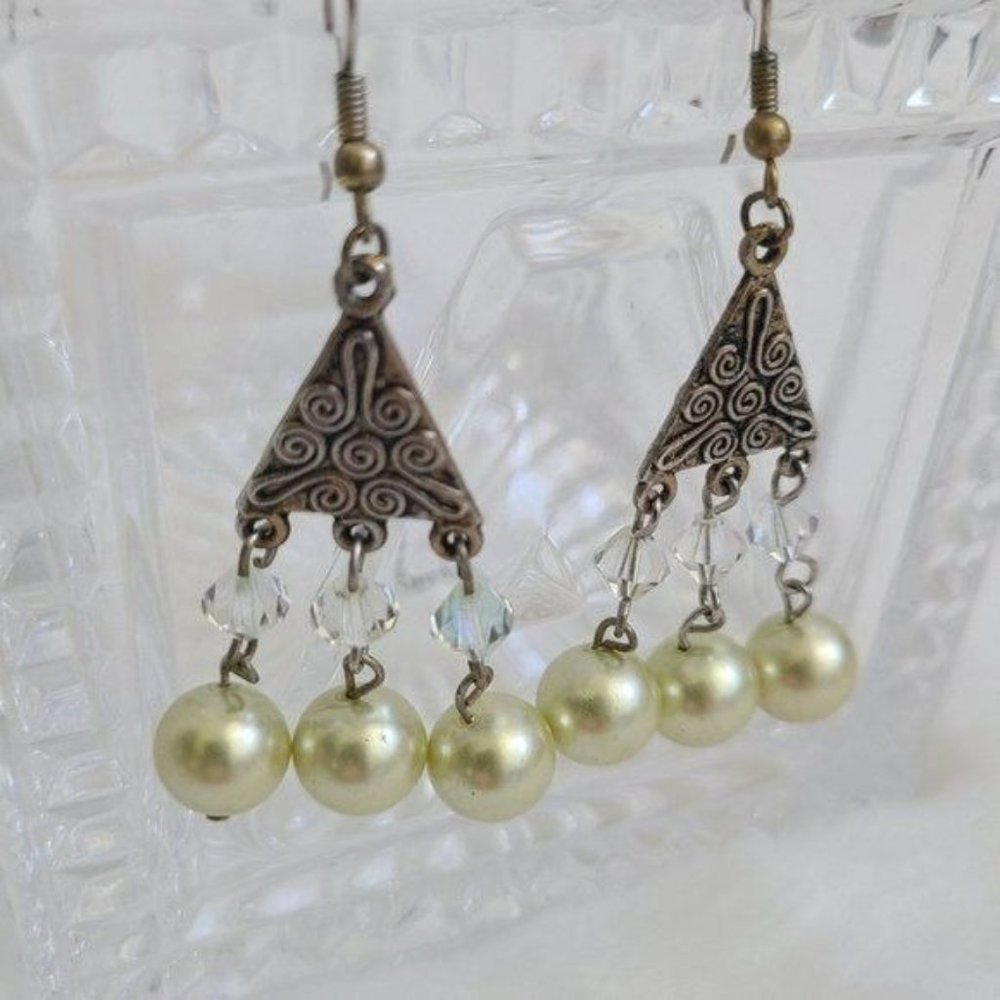 Crystal Faux Pearls Chandelier Earrings